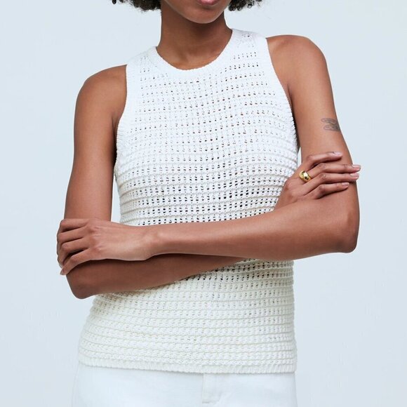 Madewell Crochet-Knit Crewneck Cotton Sweater Tank Bright Ivory Size S - Picture 1 of 8